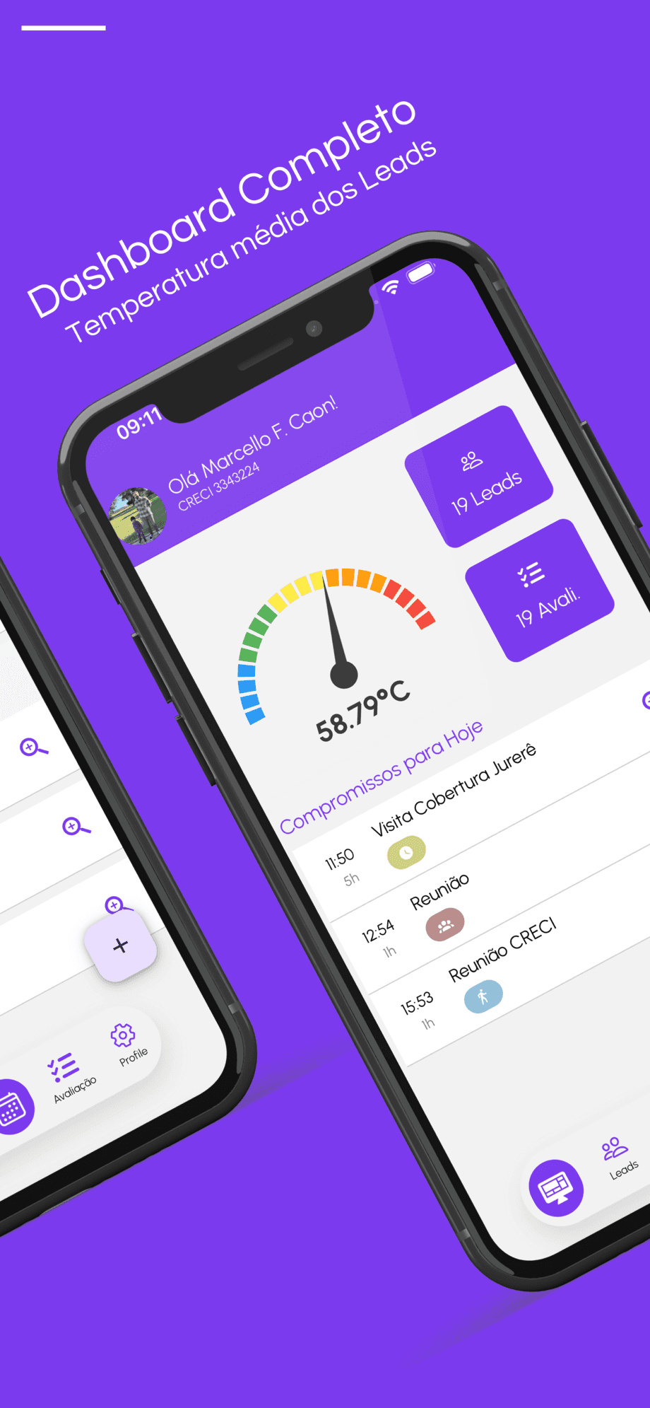Dashboard completo com temperatura média dos leads
