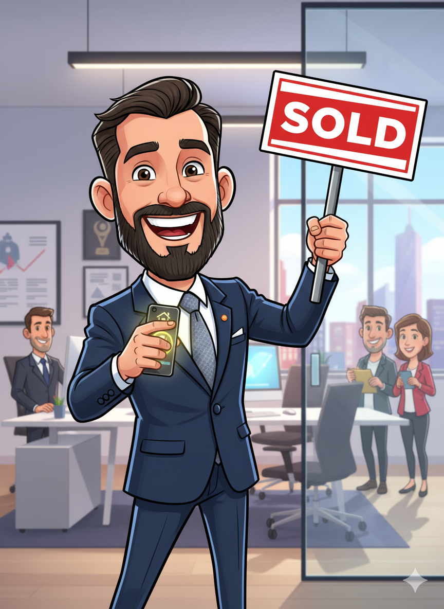 Caricatura de Corretor segurando uma placa de vende-se