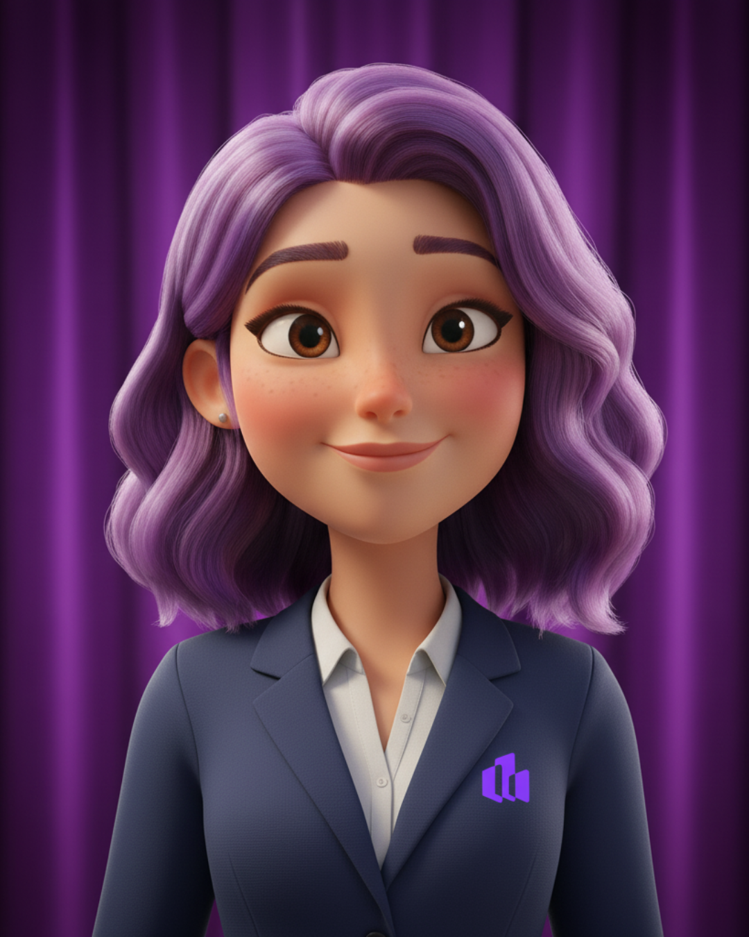 Iza com cabelo roxo, terno com logo Imobiliza e ao fundo uma cortina roxa